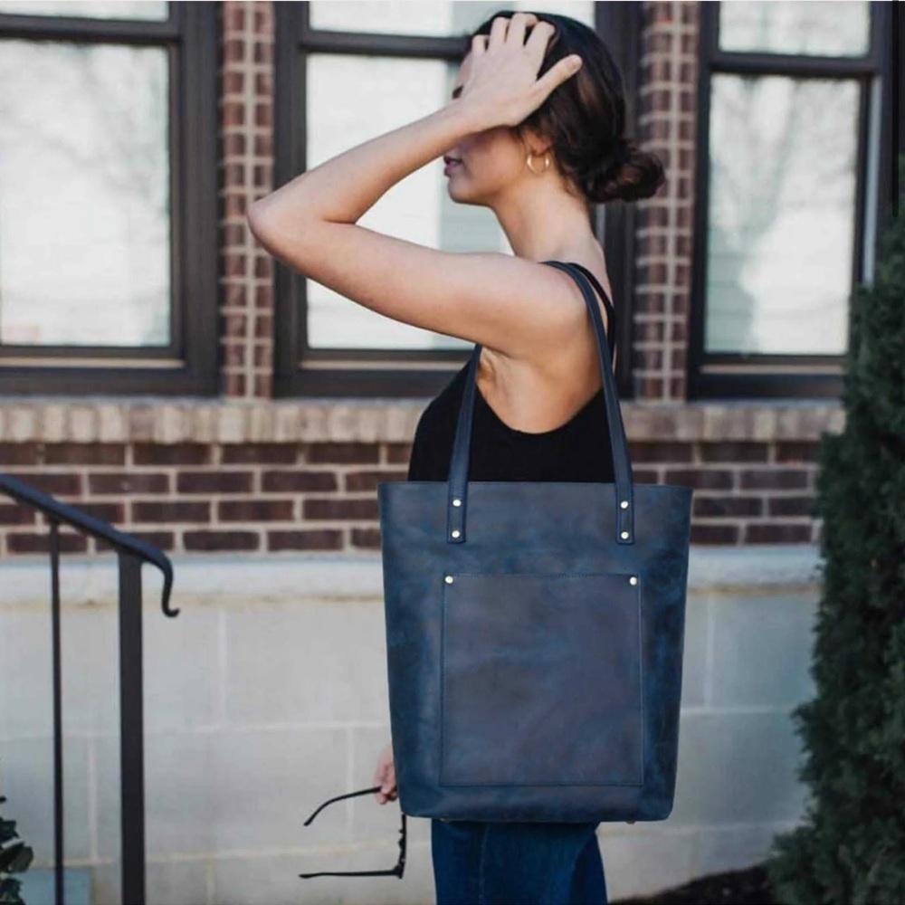 S-Zone leather tote bag with front pocket laptop bag blue professional minimal